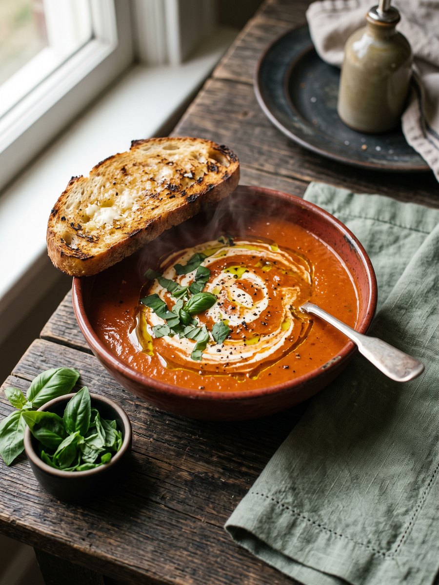 A wide, shallow bowl filled with smooth, deep red tomato soup, garnished with a swirl of olive oil and fresh basil leaves, resting on a rustic wooden table.